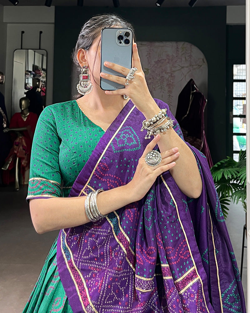 Green Tussar Silk Bandhej Lehenga Choli For Festive Wear - ETHNICDEAL