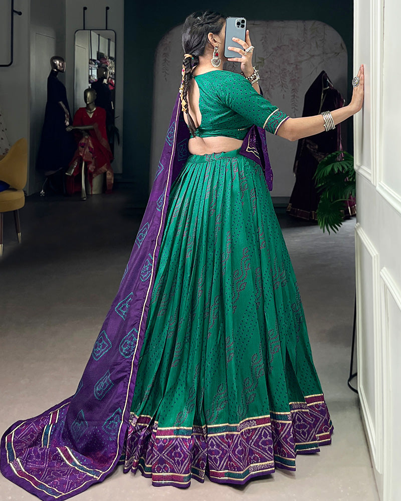 Green Tussar Silk Bandhej Lehenga Choli For Festive Wear - ETHNICDEAL