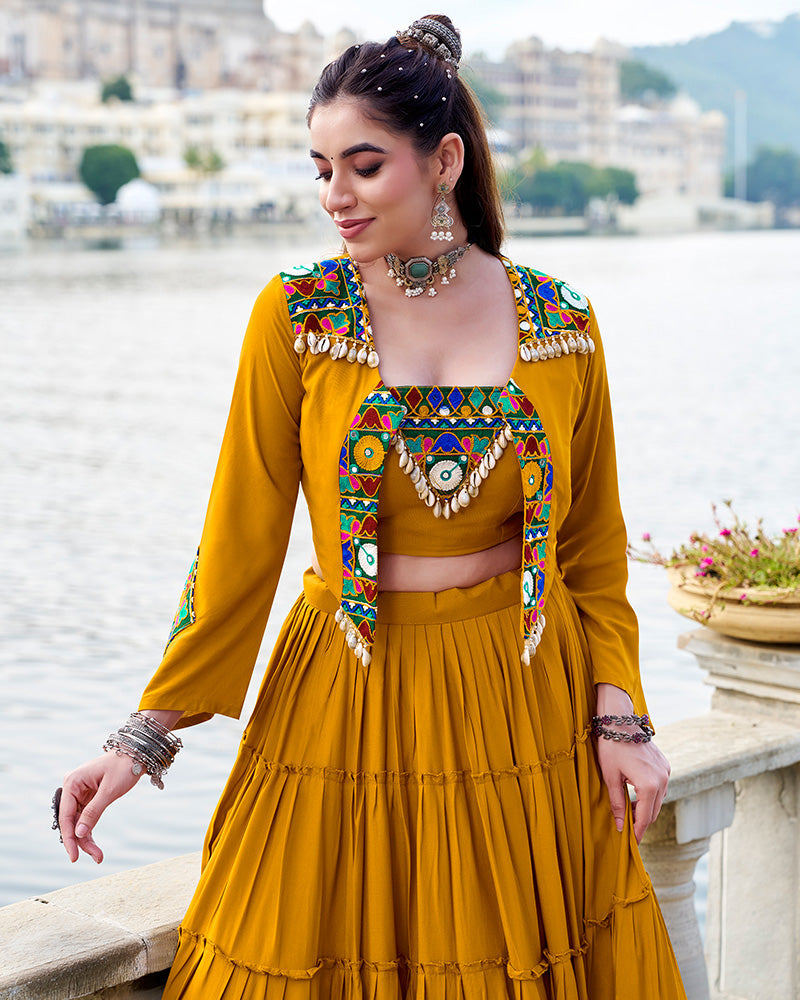 Mustard Rayon Navratri Lehenga Choli – Elegant Traditional Garba & Dandiya Outfit - ETHNICDEAL