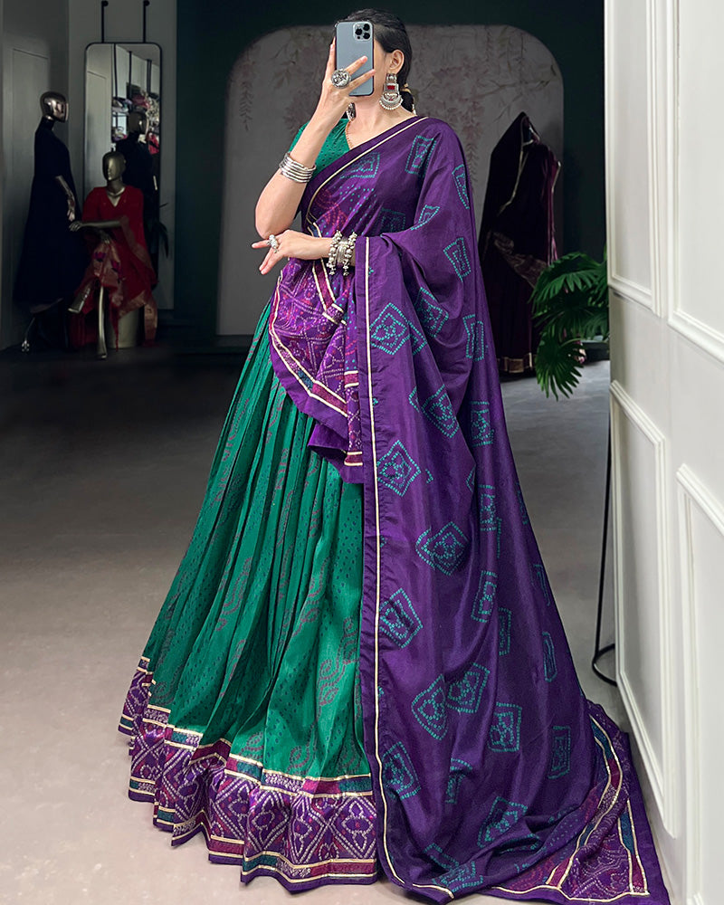 Green Tussar Silk Bandhej Lehenga Choli For Festive Wear - ETHNICDEAL