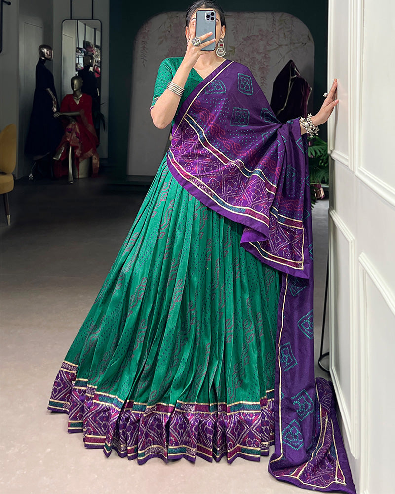 Green Tussar Silk Bandhej Lehenga Choli For Festive Wear - ETHNICDEAL