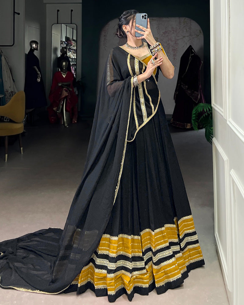 Black and Mustard Navratri Flared Navratri Lehenga Choli Set - ETHNICDEAL