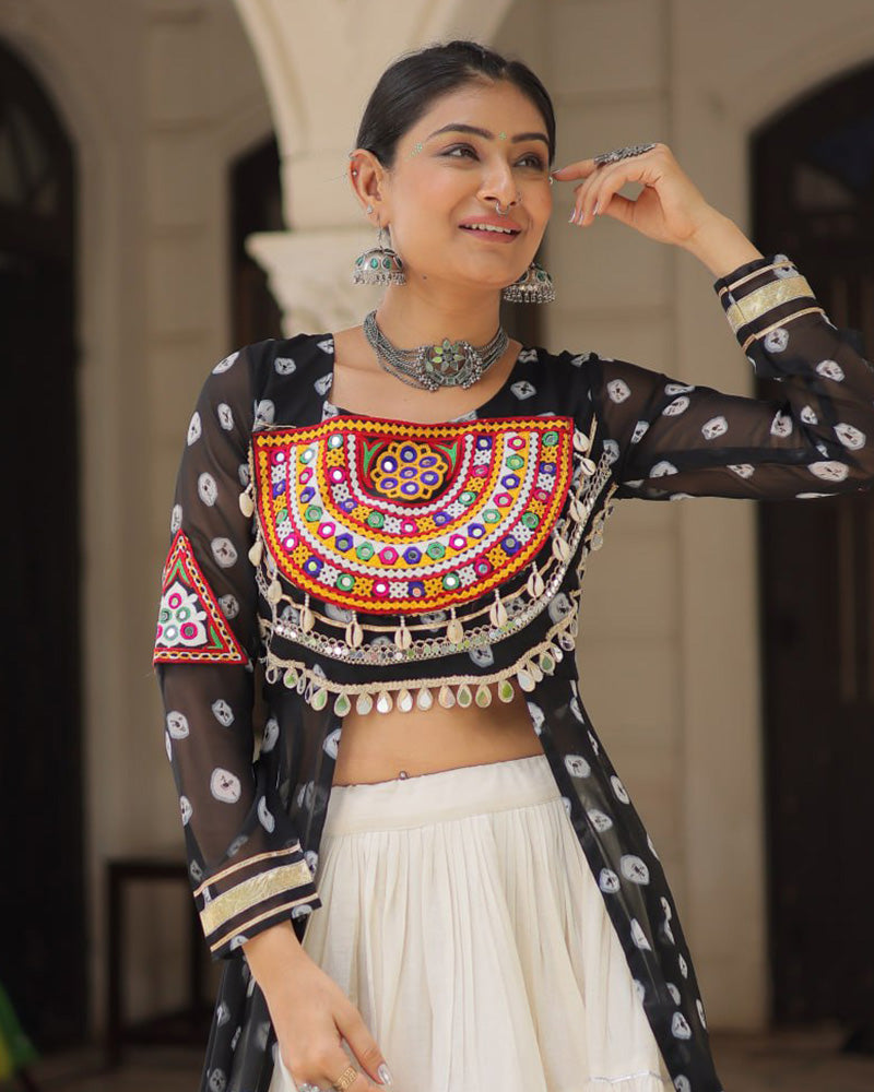 Black Bandhani Print Kurti With Kora Cotton Lehenga for Women - ETHNICDEAL