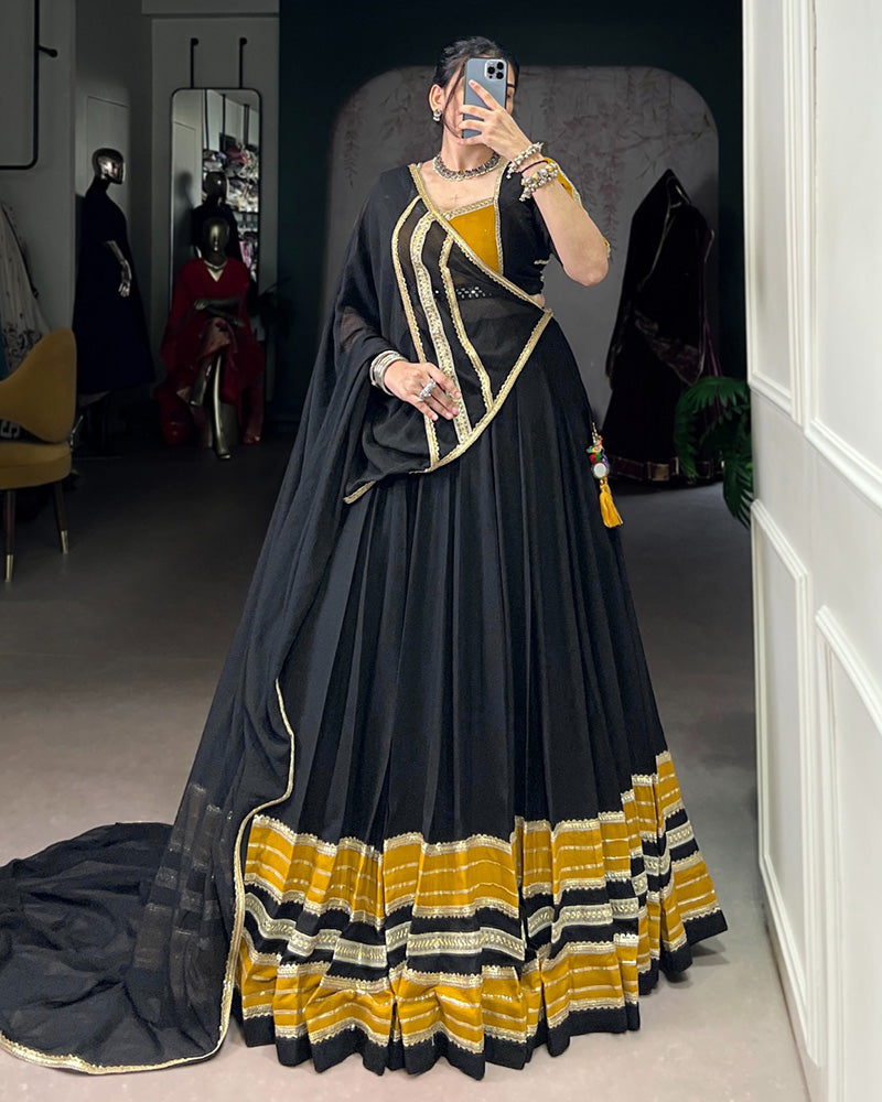 Black and Mustard Navratri Flared Navratri Lehenga Choli Set - ETHNICDEAL