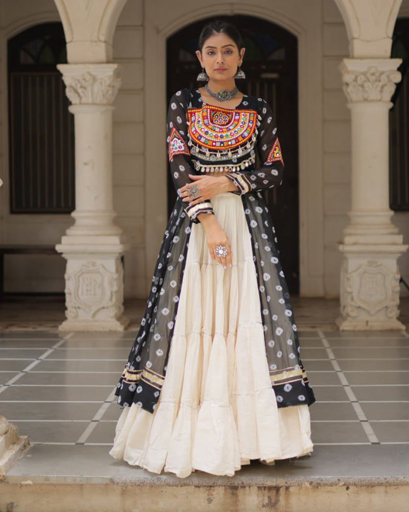 Black Bandhani Print Kurti With Kora Cotton Lehenga for Women - ETHNICDEAL