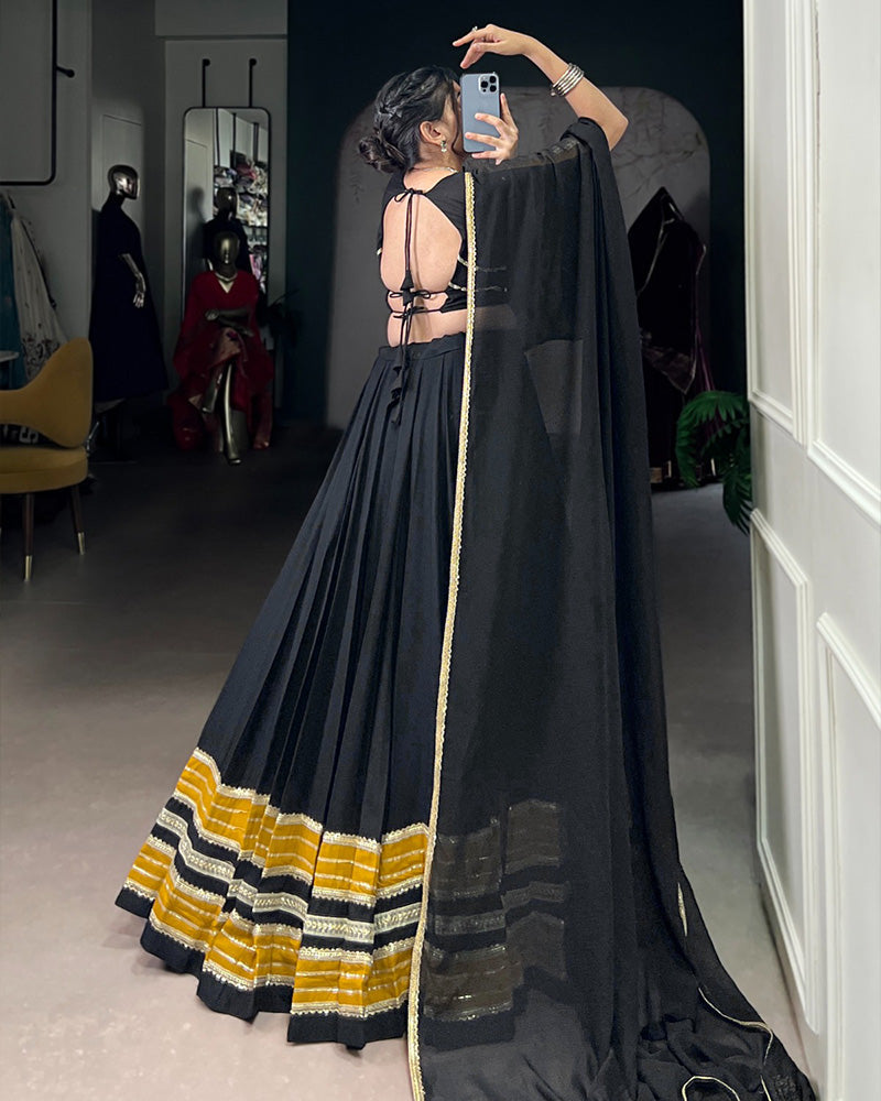 Black and Mustard Navratri Flared Navratri Lehenga Choli Set - ETHNICDEAL