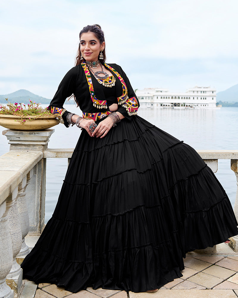 Black Pure Rayon Navratri Lehenga Choli with Stylish Design - ETHNICDEAL