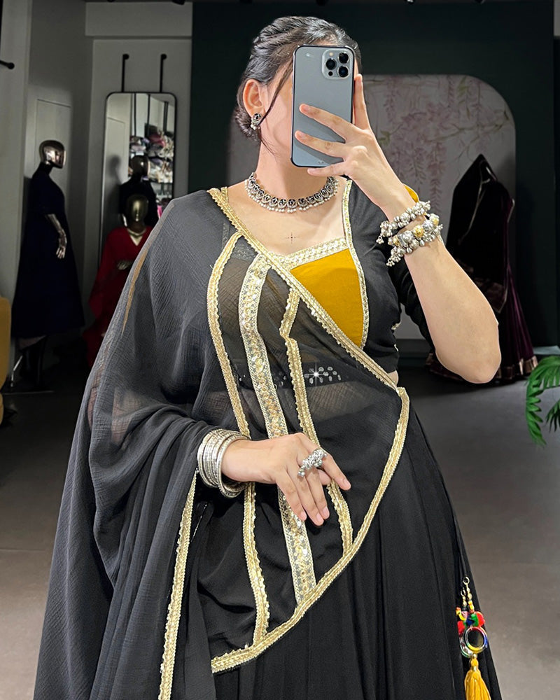 Black and Mustard Navratri Flared Navratri Lehenga Choli Set - ETHNICDEAL