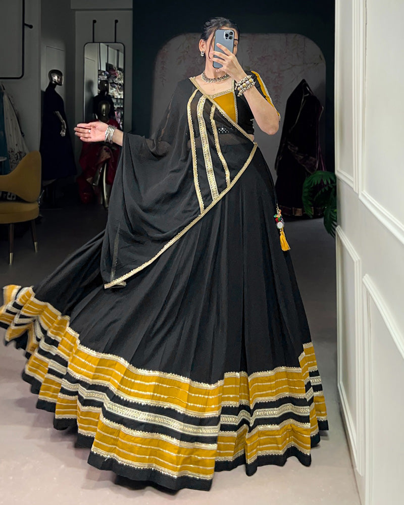 Black and Mustard Navratri Flared Navratri Lehenga Choli Set - ETHNICDEAL