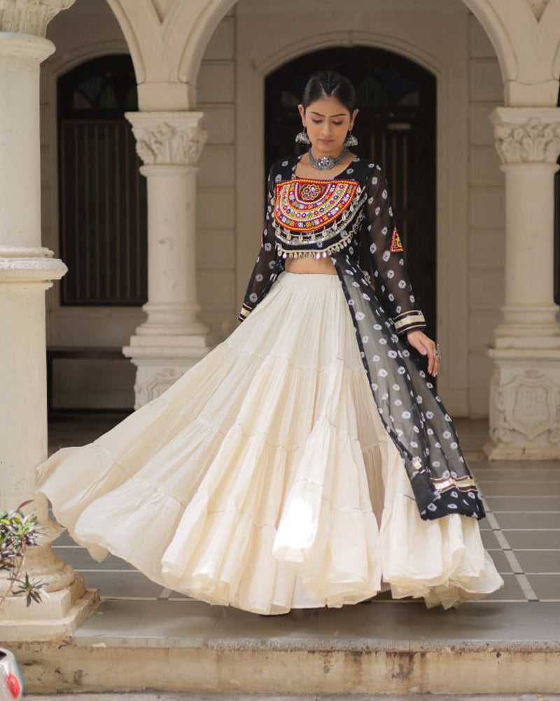 Black Bandhani Print Kurti With Kora Cotton Lehenga for Women - ETHNICDEAL