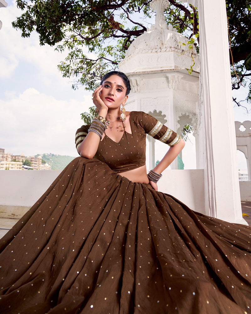 Festive Brown Pure Chanderi Lehenga Choli for Garba and Navratri - ETHNICDEAL