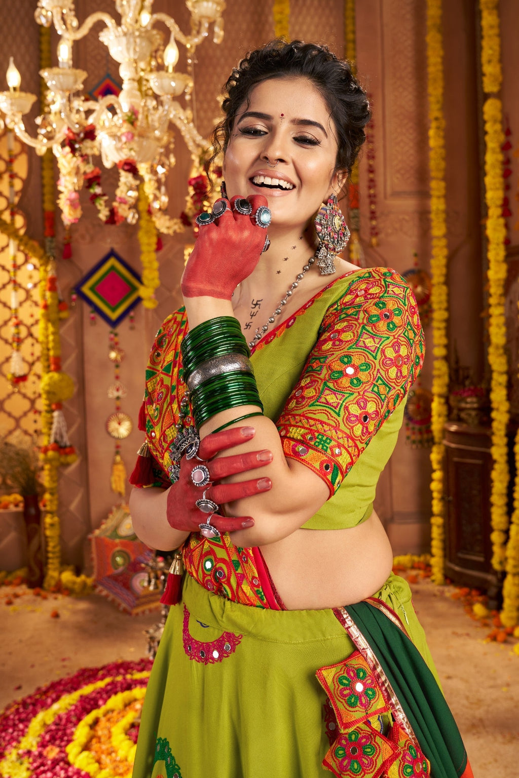 Viscose Cotton Elegant Thread Embroidered With Mirror Work Traditional Navratri Lehenga Choli - ETHNICDEAL