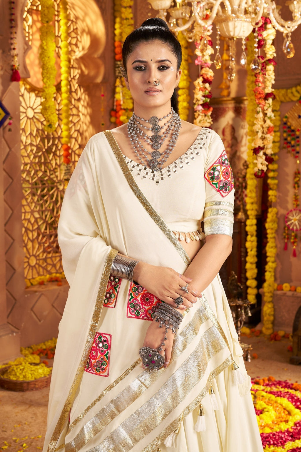 White Navratri Stunning Hand Mirror Work With Tread Embroidered Traditional Readymade Lehenga Choli - ETHNICDEAL