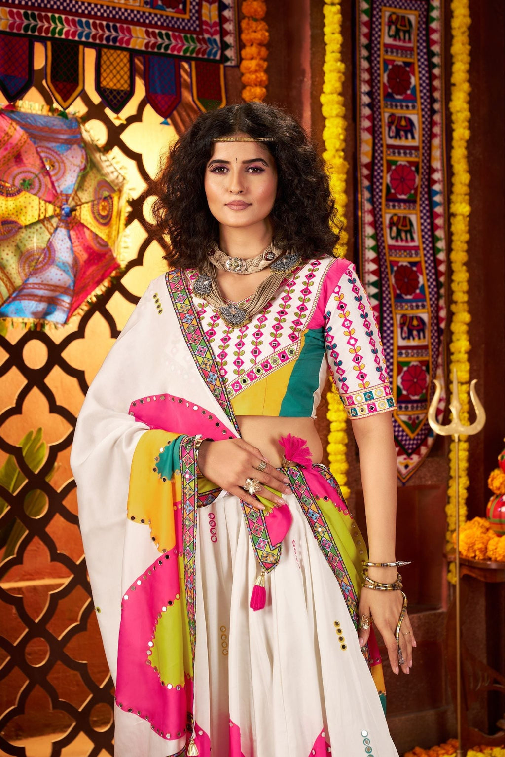 Designer White Lehenga Choli For Navratri With Mirror And Hand Embroidery Work - ETHNICDEAL