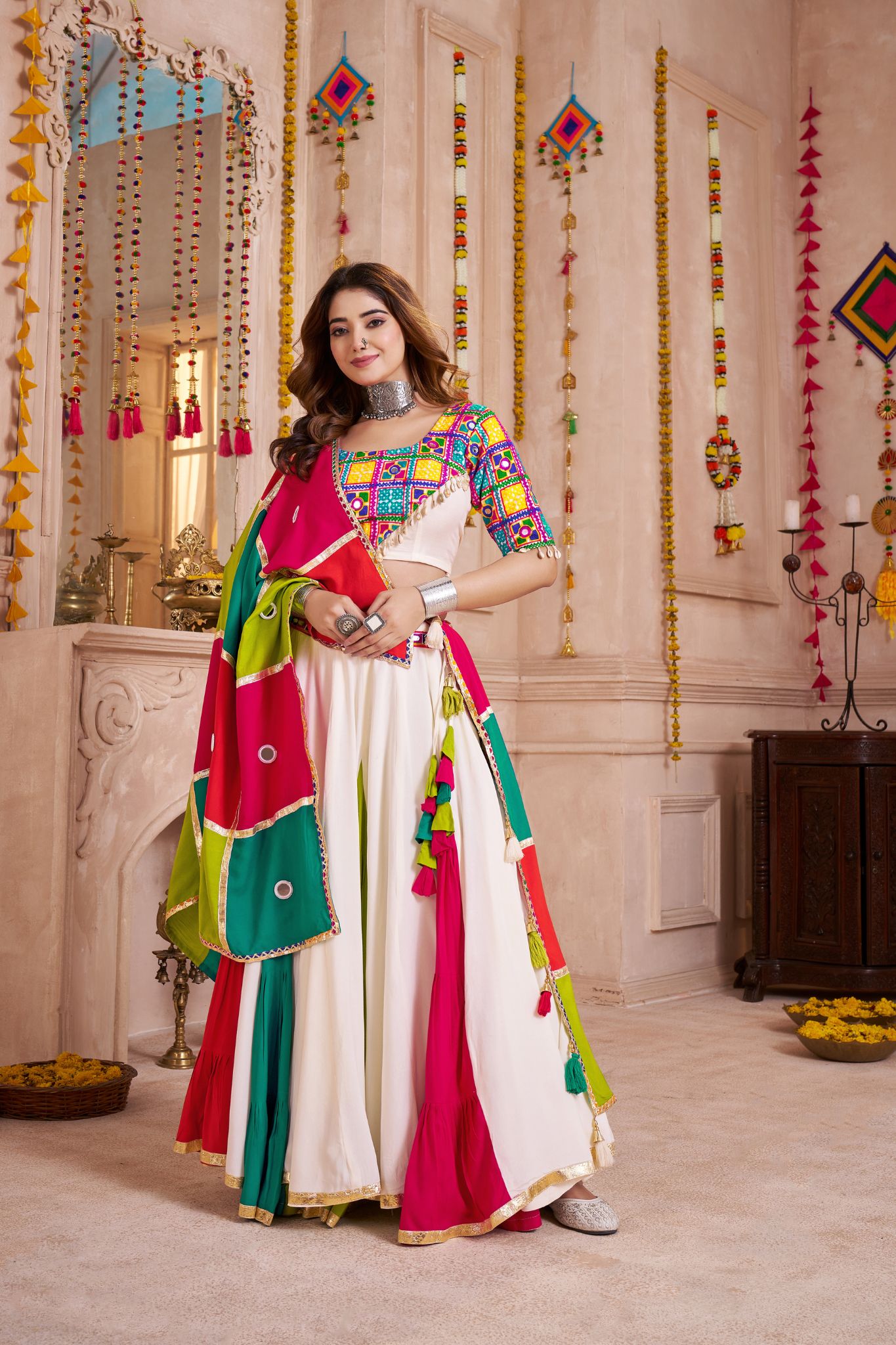 Classic Navratri Lehenga Choli With Handmade Multicolor Patchwork Dupatta - ETHNICDEAL