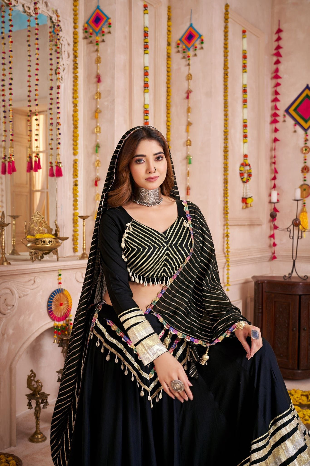 Black Handmade Designer Navratri Lehenga Choli With Jacquard Dupatta - ETHNICDEAL