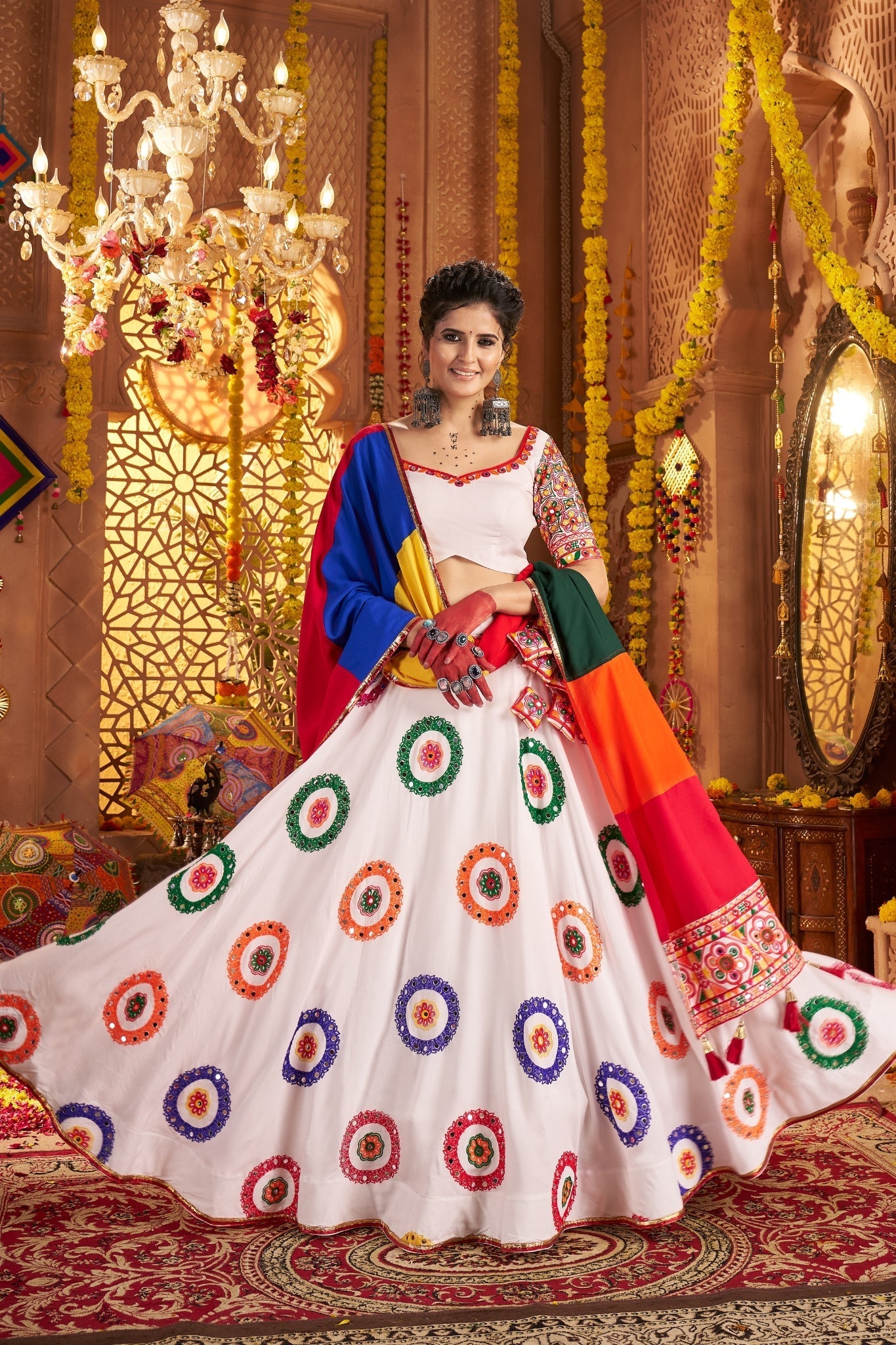 Viscose Cotton Elegant Thread Embroidered With Mirror Work Traditional Navratri Lehenga Choli - ETHNICDEAL