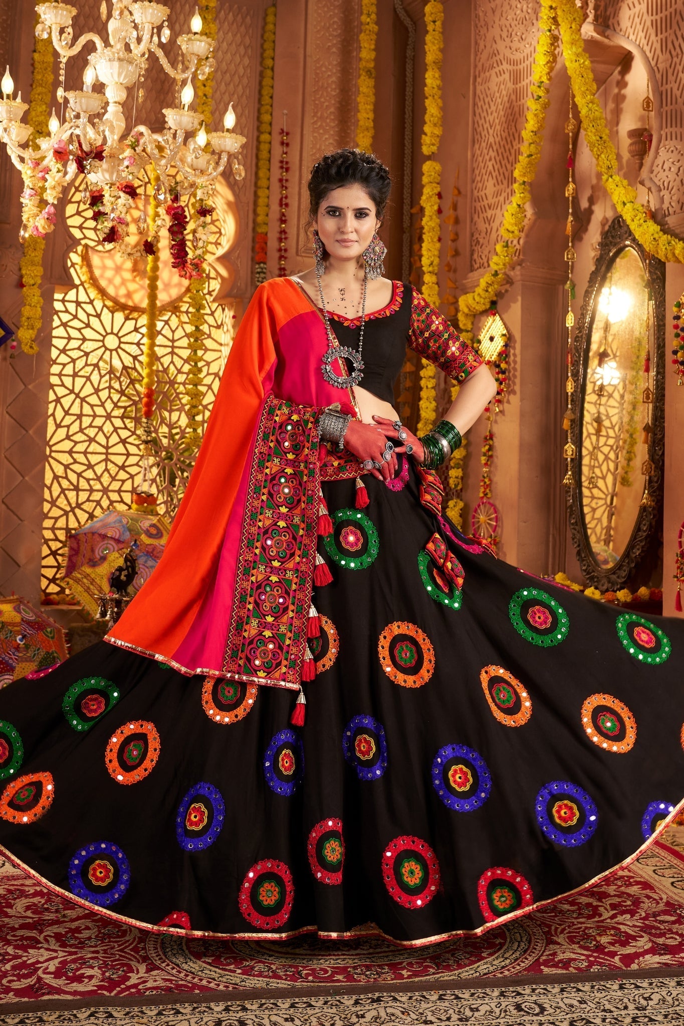 Viscose Cotton Elegant Thread Embroidered With Mirror Work Traditional Navratri Lehenga Choli - ETHNICDEAL