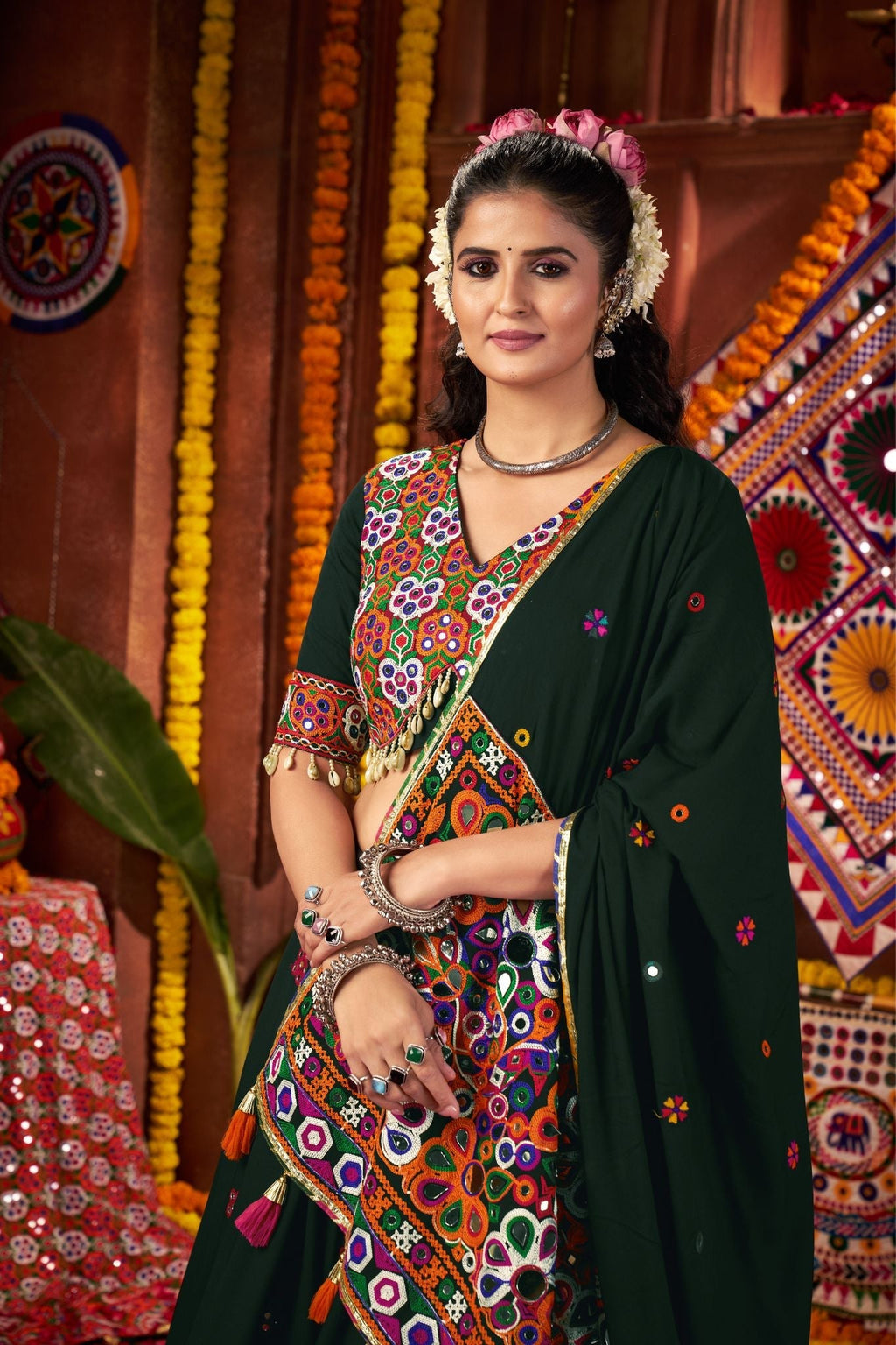 Premium Designer Green Viscose Cotton Thread With Mirror Work Navratri Lehenga Choli - ETHNICDEAL