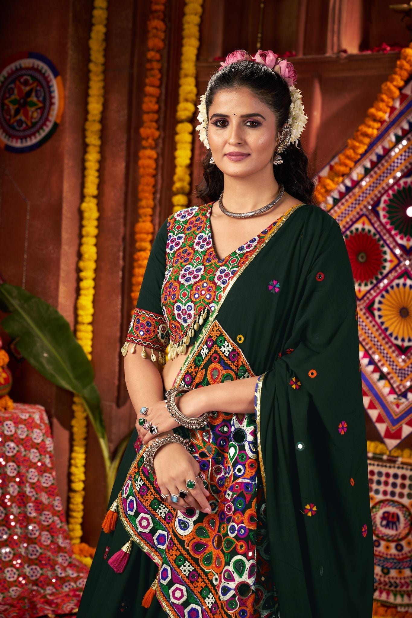 Premium Designer Green Viscose Cotton Thread With Mirror Work Navratri Lehenga Choli - ETHNICDEAL