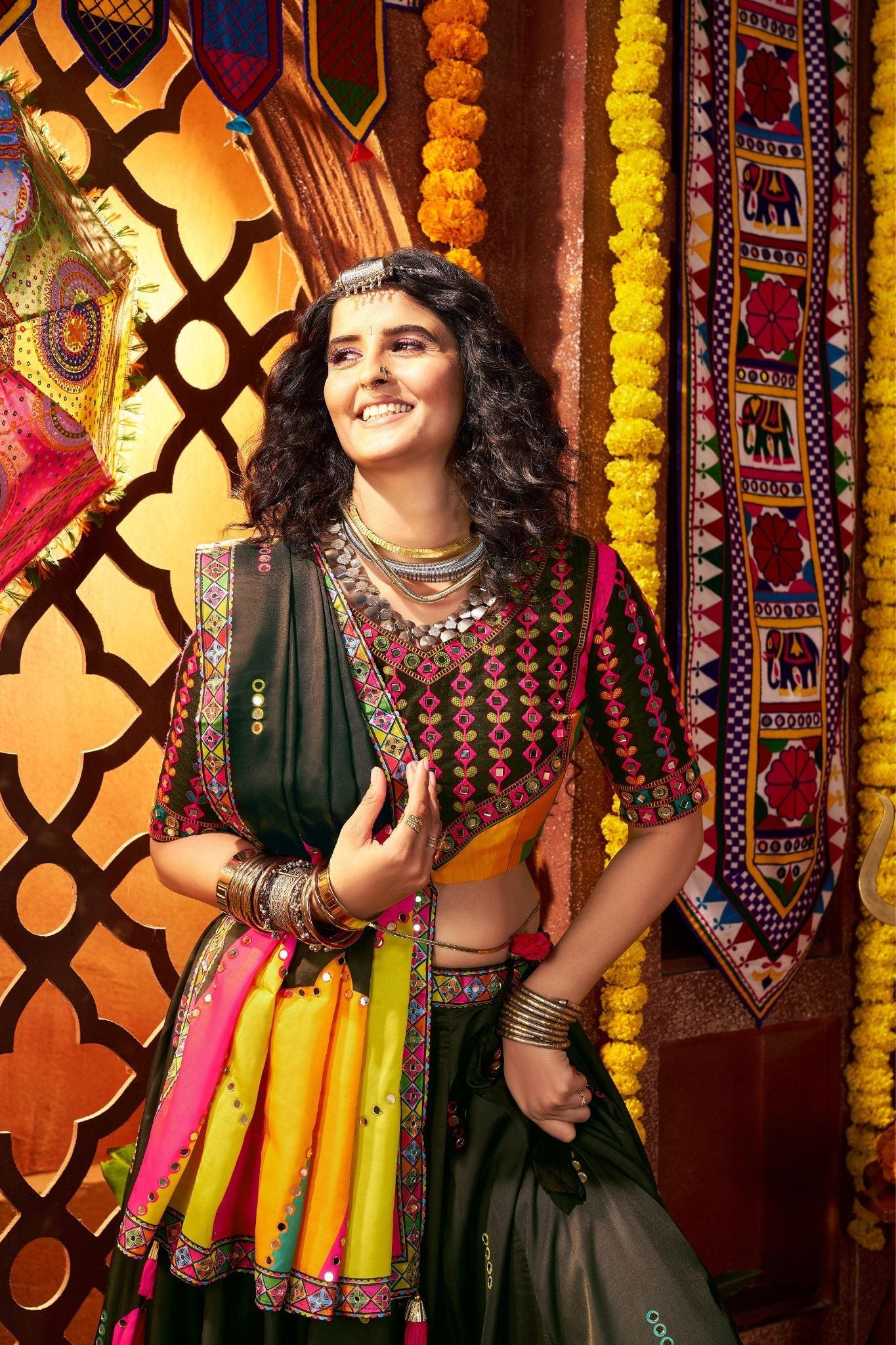 Designer Black Navratri Lehenga Choli Print With Mirror And Embroidery Work - ETHNICDEAL