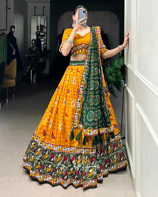 Mustard Color Tussar Silk Patola Printed Navratri Lehenga Choli - ETHNICDEAL