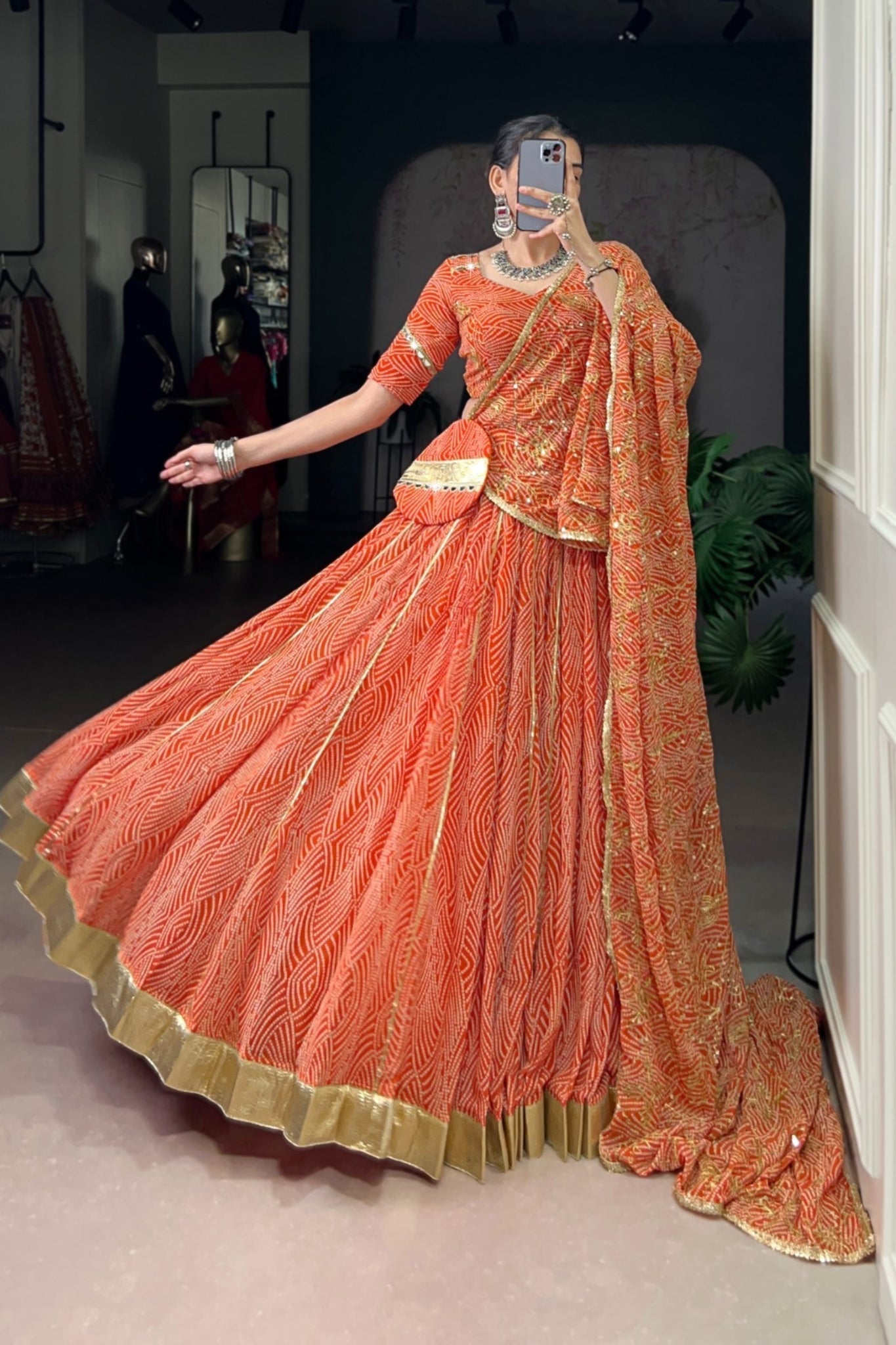 Vibrant Bandhej Print Designer Georgette With Mirror Work Lehenga Choli Set For Wedding And Navratri - ETHNICDEAL