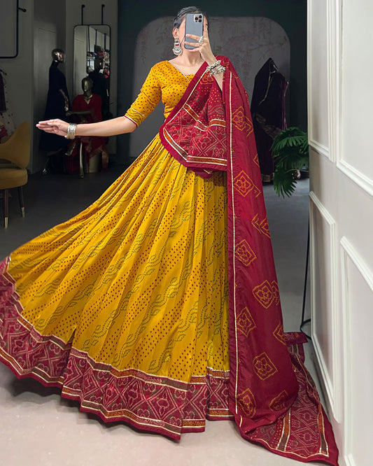 Yellow Tussar Silk Bandhej Lehenga Choli for Navratri Festival Wear - ETHNICDEAL