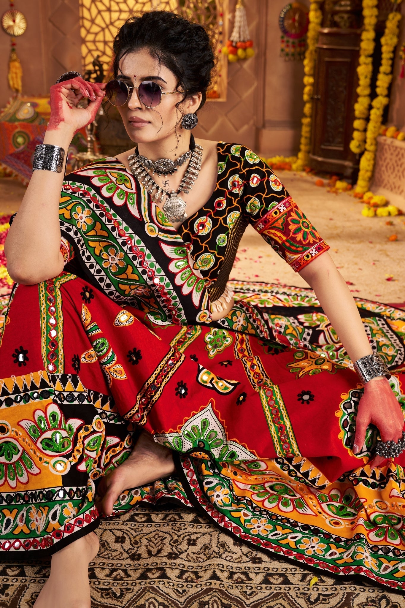 Maroon Organic Cotton Designer Navratri Lehenga Choli Set - ETHNICDEAL