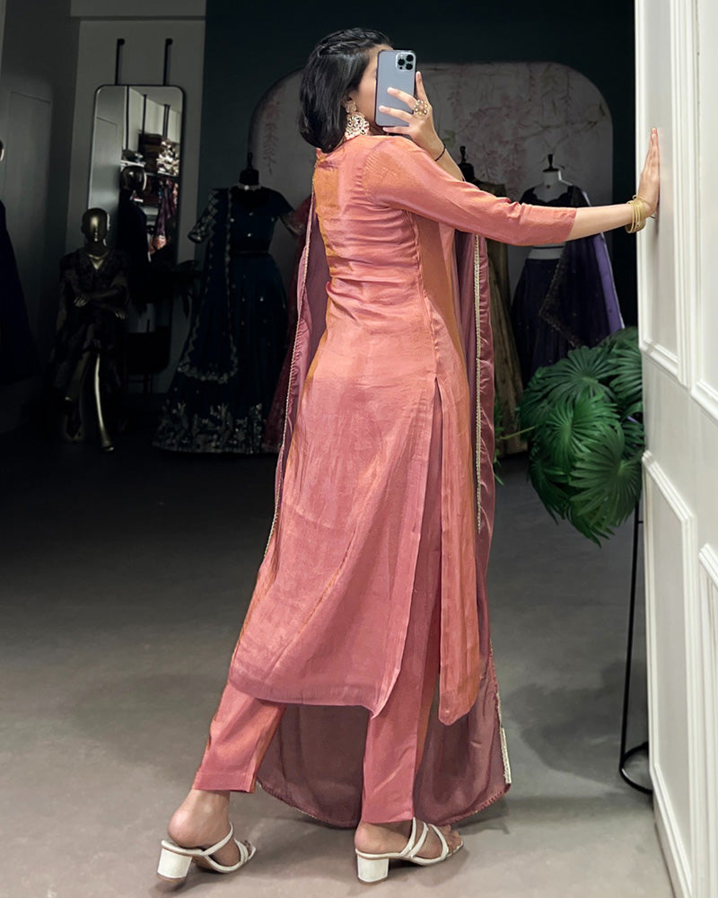 Peach Color Viscose Tissue Three Piece Kurti Suit - ETHNICDEAL