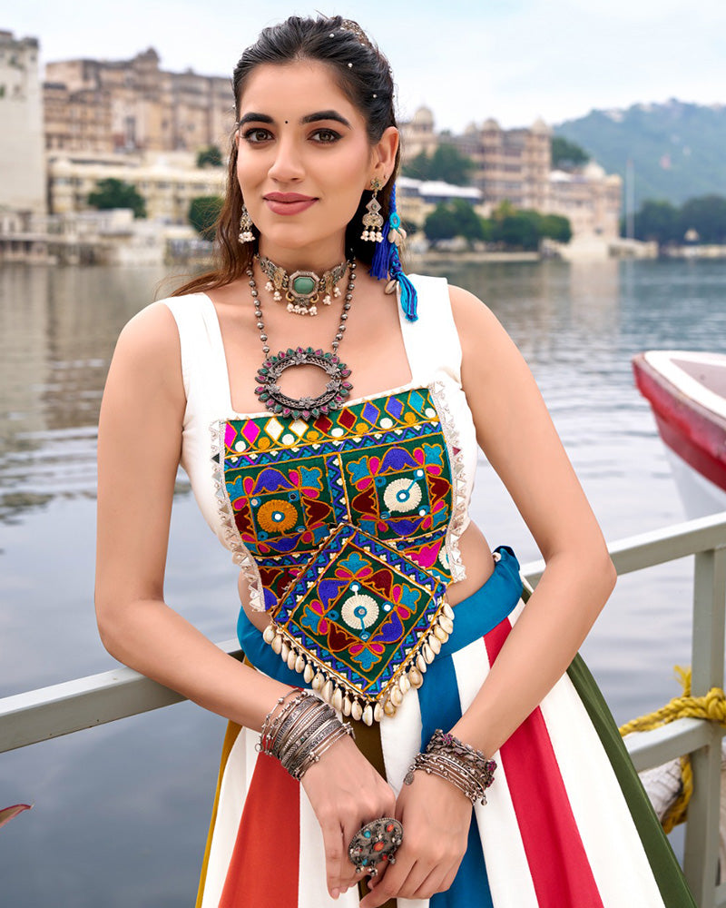 Vibrant Multi-Color Pure Rayon Gamthi Navratri Lehenga Choli - ETHNICDEAL