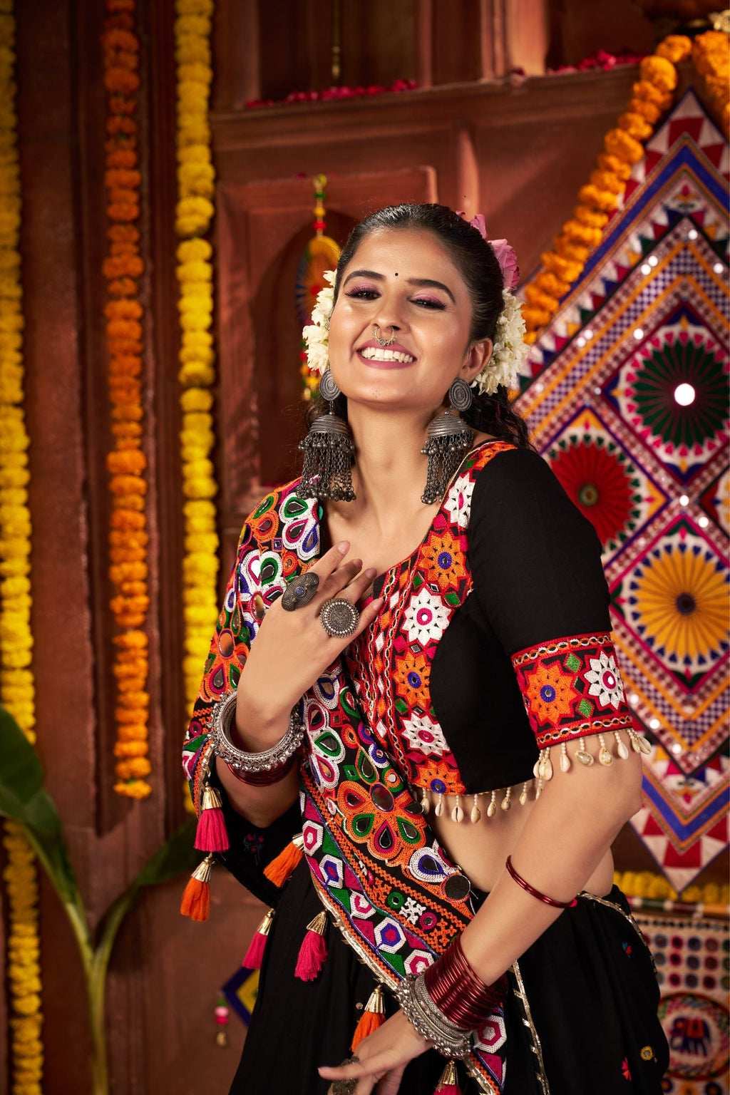 Black Thread With Mirror Hand Work Viscose Cotton Navratri Lehenga Choli - ETHNICDEAL