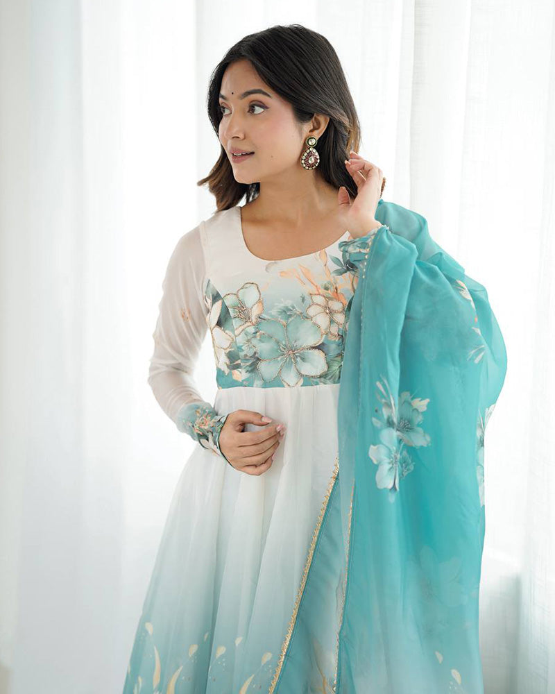 Aqua Blue Organza Anarkali Suit with Floral Print & Dupatta - ETHNICDEAL