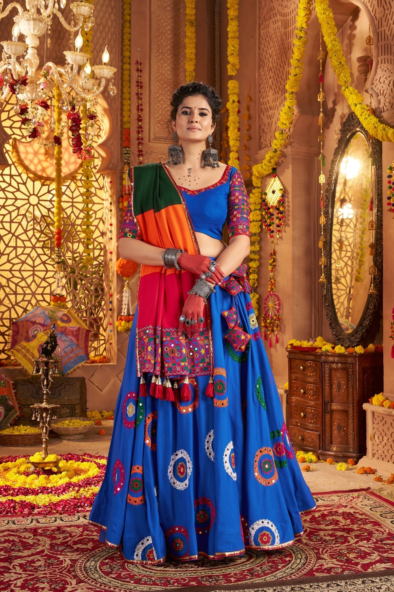 Viscose Cotton Elegant Thread Embroidered With Mirror Work Traditional Navratri Lehenga Choli - ETHNICDEAL