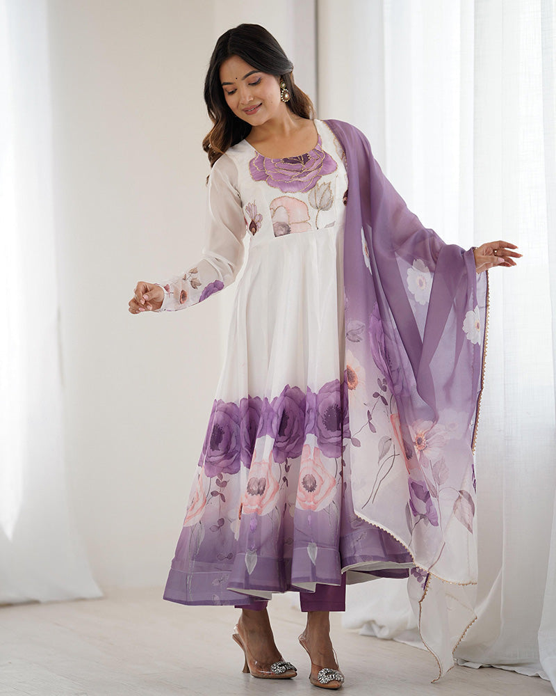 Violet Color Floral Pure Soft Tebby Organza Three Piece Anarkali Suit - ETHNICDEAL