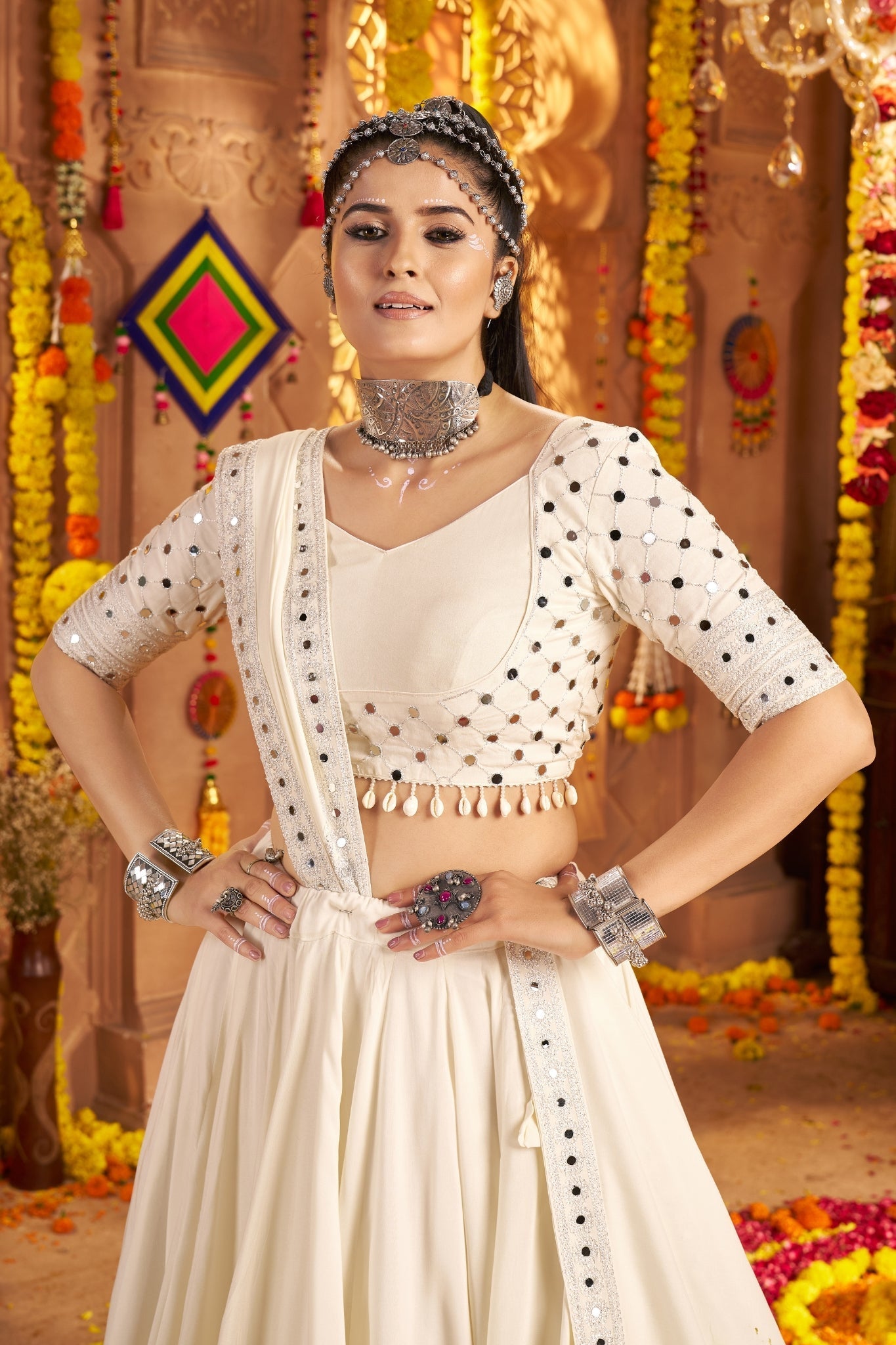 Viscose Rayon Thread Embroidered With Mirror Work Readymade Navratri Lehenga Choli - ETHNICDEAL