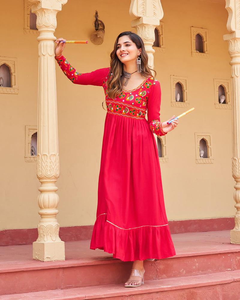 Designer Red Pure Rayon Embroidered Kurti for Navratri Festival - ETHNICDEAL