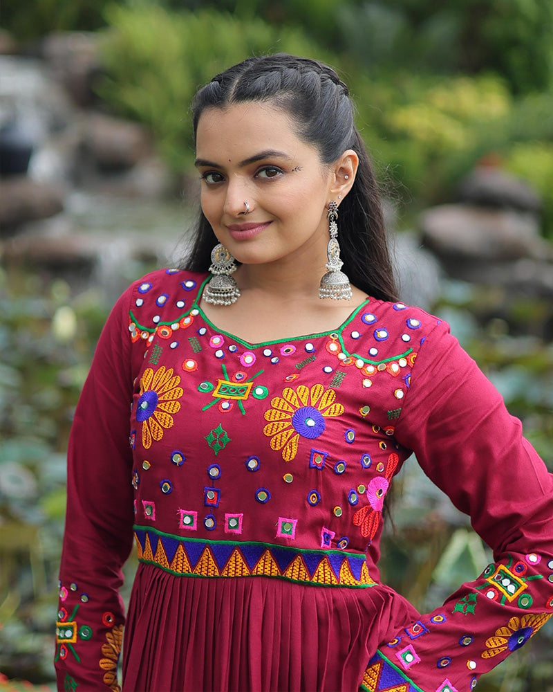 Mesmerizing Maroon Rayon Gamthi Style Navratri Gown for Women - ETHNICDEAL