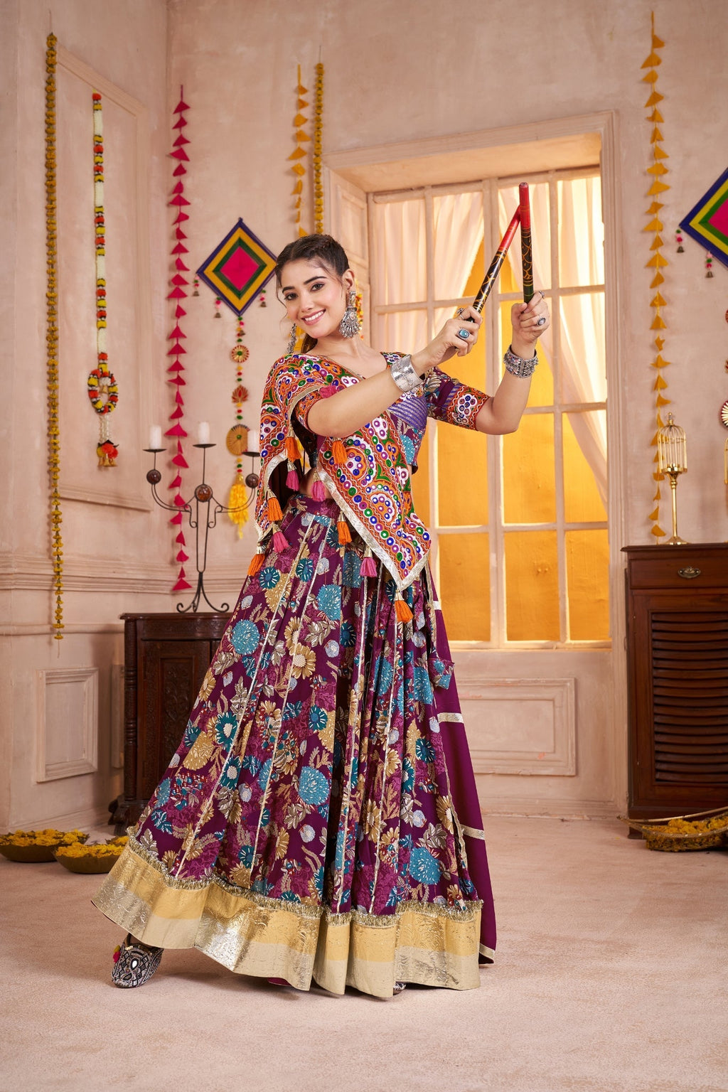 Purple Viscose Cotton Navratri Special Designer Lehenga Choli Set - ETHNICDEAL