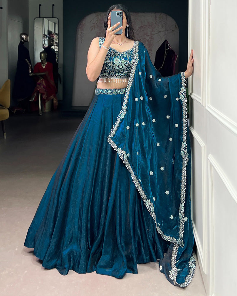 Festive Peacock Color Fendi Silk Embroidered Lehenga Choli - ETHNICDEAL