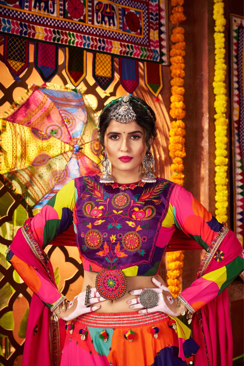 Beautiful Multi Color Designer Maslin Traditional Navratri Special Lehenga Choli - ETHNICDEAL