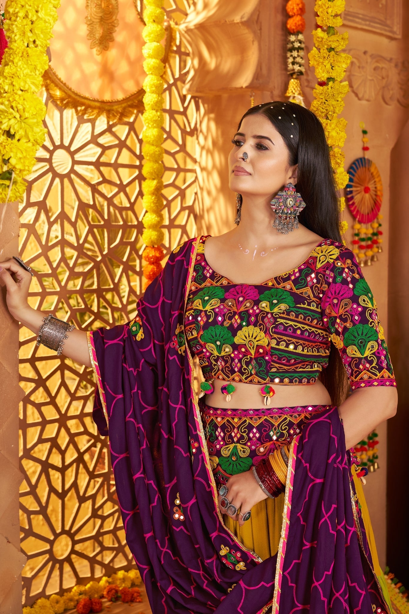 Designer Festive Spirit Viscose Cotton Multi Tread With Mirror Work Traditional Navratri Lehenga Choli - ETHNICDEAL