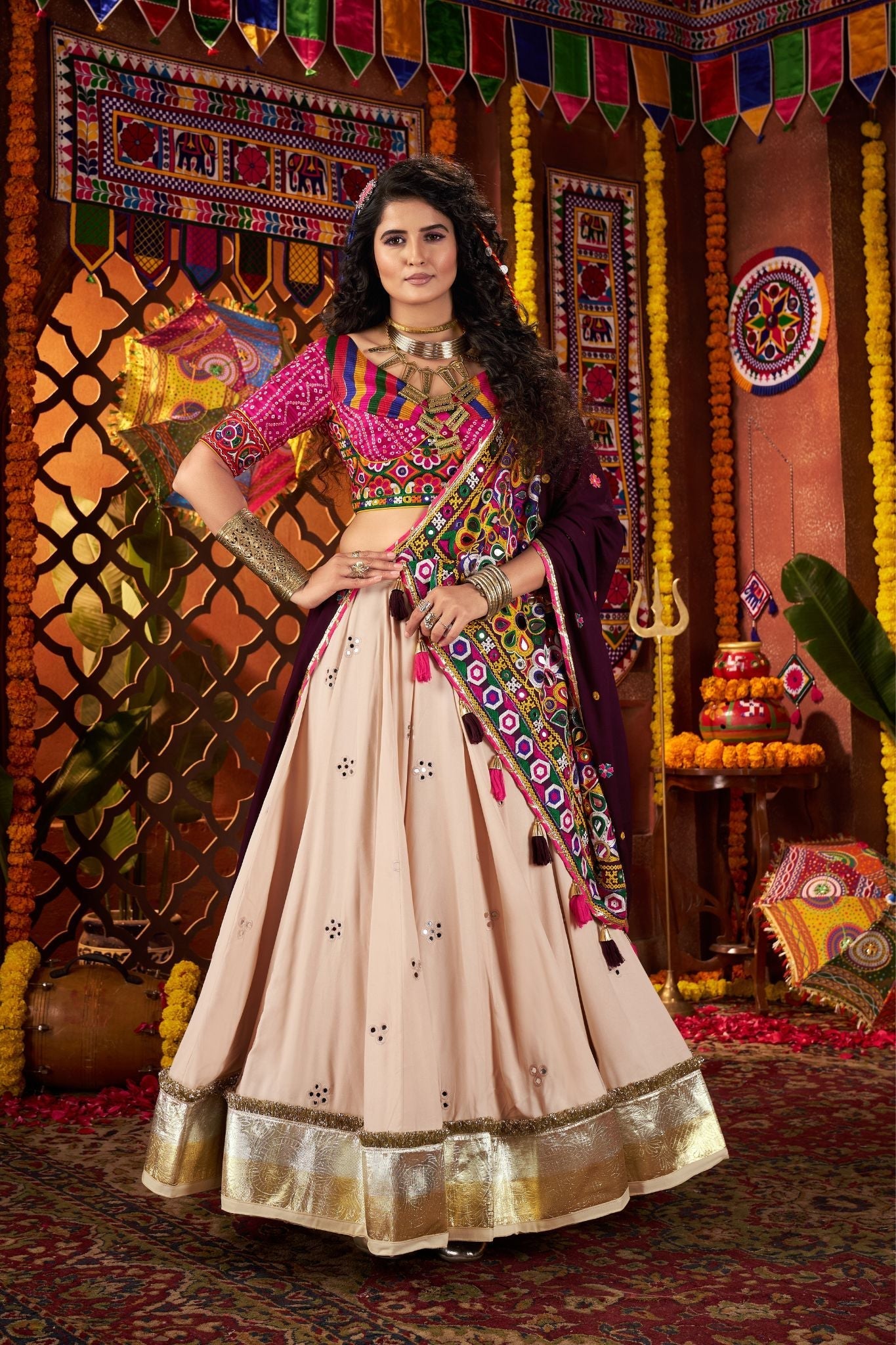 Navratri Special Kutchi Mirror Work Beige Lehenga Choli In Viscose Cotton - ETHNICDEAL