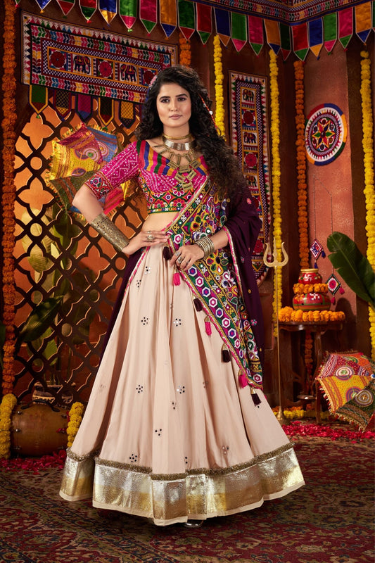 Navratri Special Kutchi Mirror Work Beige Lehenga Choli In Viscose Cotton - ETHNICDEAL