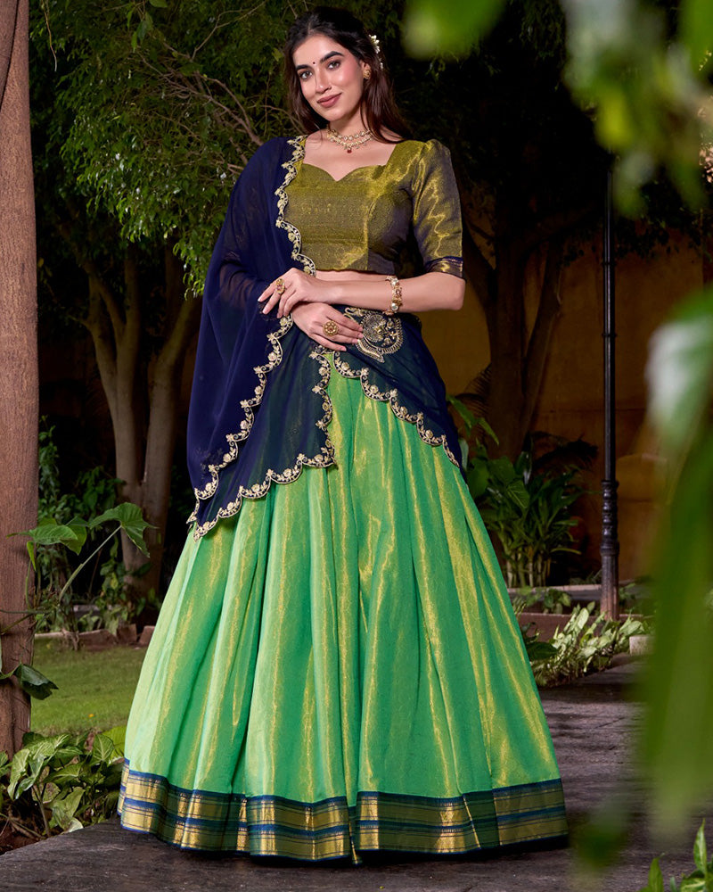 Elegant Pista Green Kanchipuram Silk Zari Weaving Lehenga Choli with Blouse - ETHNICDEAL