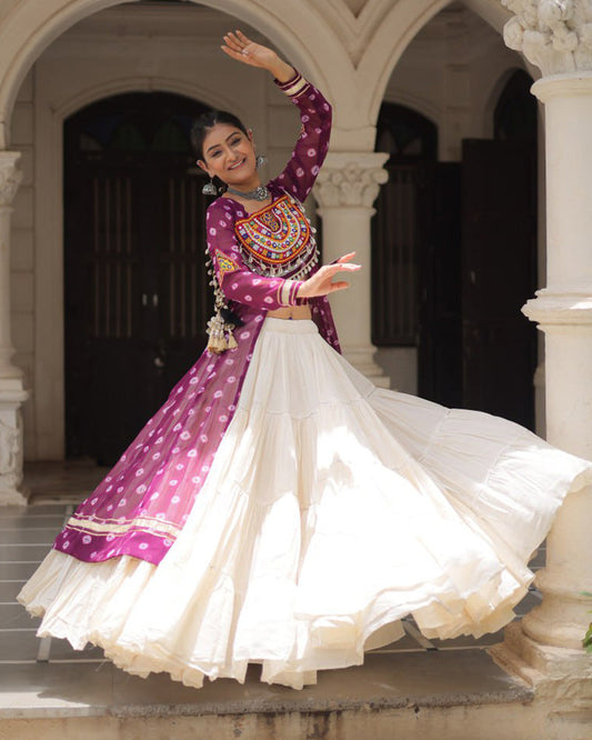 Purple Bandhani Print Kurti with Kora Cotton Lehenga for Women - ETHNICDEAL