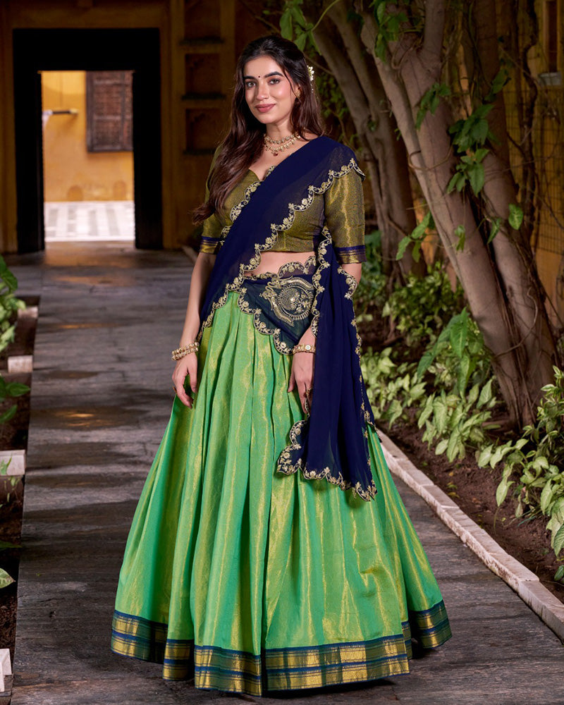 Elegant Pista Green Kanchipuram Silk Zari Weaving Lehenga Choli with Blouse - ETHNICDEAL