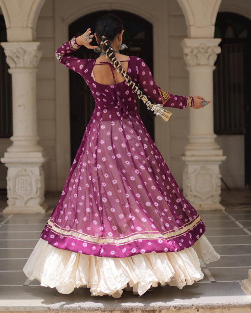 Purple Bandhani Print Kurti with Kora Cotton Lehenga for Women - ETHNICDEAL