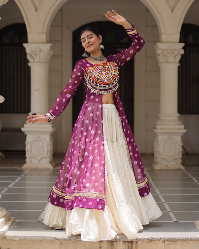 Purple Bandhani Print Kurti with Kora Cotton Lehenga for Women - ETHNICDEAL