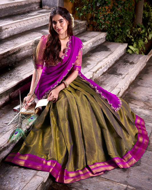 Traditional Mehndi Color Kanchipuram Zari Weaving Lehenga Choli for Wedding and Festive Wear - ETHNICDEAL